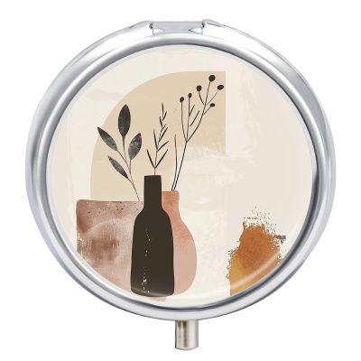 3 Compartment Medicine Pill Case Beige and Brown Printed Round Pill Box Small Pill Organizer Box for Pocket Purse Briefcase Pills Medicine Cod Liver Oil Storage Box Earplug Case