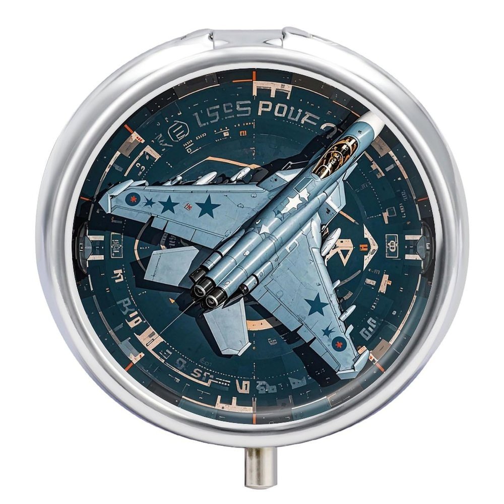 3 Compartment Medicine Pill Case Air Force Fighter Jet Printed Round Pill Box Small Pill Organizer Box for Pocket Purse Briefcase Pills Medicine Cod Liver Oil Storage Box Earplug Case