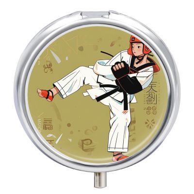 3 Compartment Medicine Pill Case Taekwondo Design Printed Round Pill Box Small Pill Organizer Box for Pocket Purse Briefcase Pills Medicine Cod Liver Oil Storage Box Earplug Case