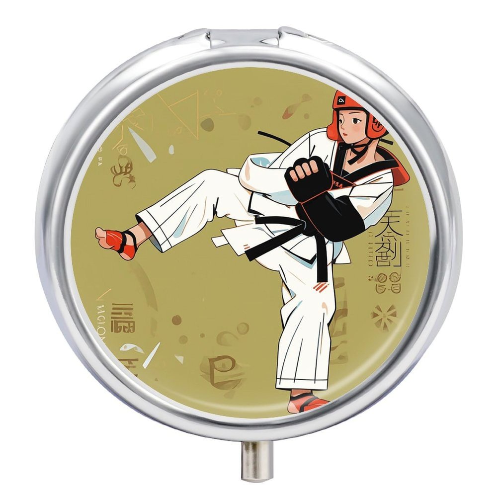 3 Compartment Medicine Pill Case Taekwondo Design Printed Round Pill Box Small Pill Organizer Box for Pocket Purse Briefcase Pills Medicine Cod Liver Oil Storage Box Earplug Case