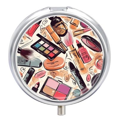 3 Compartment Medicine Pill Case Makeup Theme Pattern Printed Round Pill Box Small Pill Organizer Box for Pocket Purse Briefcase Pills Medicine Cod Liver Oil Storage Box Earplug Case