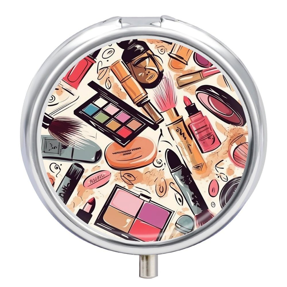 3 Compartment Medicine Pill Case Makeup Theme Pattern Printed Round Pill Box Small Pill Organizer Box for Pocket Purse Briefcase Pills Medicine Cod Liver Oil Storage Box Earplug Case