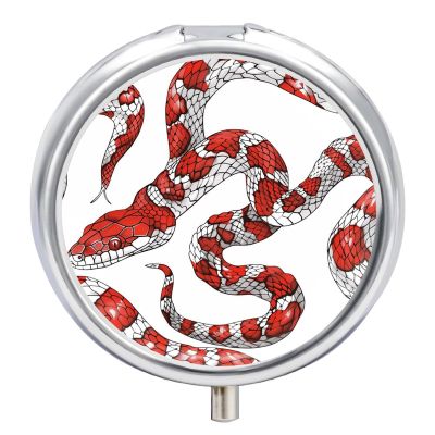 3 Compartment Medicine Pill Case Red and White Snake Printed Round Pill Box Small Pill Organizer Box for Pocket Purse Briefcase Pills Medicine Cod Liver Oil Storage Box Earplug Case