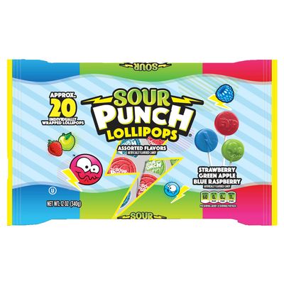 Sour Punch Assorted Flavors Lollipops - 12 oz Bag (Pack of 1) - (Strawberry, Blue Raspberry, Green Apple) - Individually Wrapped Lollipops - Sour Candy Bag for Office, Gatherings, Parties & Travel