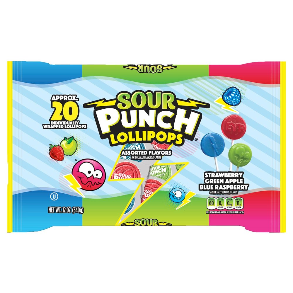 Sour Punch Assorted Flavors Lollipops - 12 oz Bag (Pack of 1) - (Strawberry, Blue Raspberry, Green Apple) - Individually Wrapped Lollipops - Sour Candy Bag for Office, Gatherings, Parties & Travel