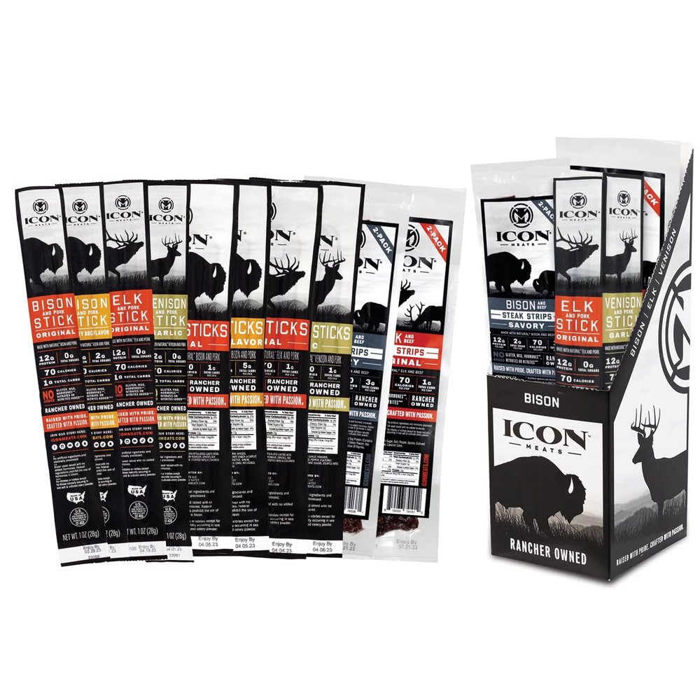 ICON Meats Meat Stick and Steak Strip Sampler Gift Box, 10 High Protein Snacks, Assorted Bison, Elk, Venison, Beef & Pork Jerky Sticks & Strips, Gluten Free, Low Sugar, Valentines Day Gifts for Him