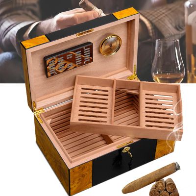 Cigar Humidor, Cigar Box With Cedar Lining And Dividers, Humidor With Hygrometer And Humidifiers, Gloss Piano Finish, Cigar Accessories, Holds 150 Cigars Cigar Gifts For Men