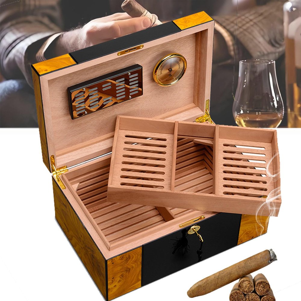 Cigar Humidor, Cigar Box With Cedar Lining And Dividers, Humidor With Hygrometer And Humidifiers, Gloss Piano Finish, Cigar Accessories, Holds 150 Cigars Cigar Gifts For Men