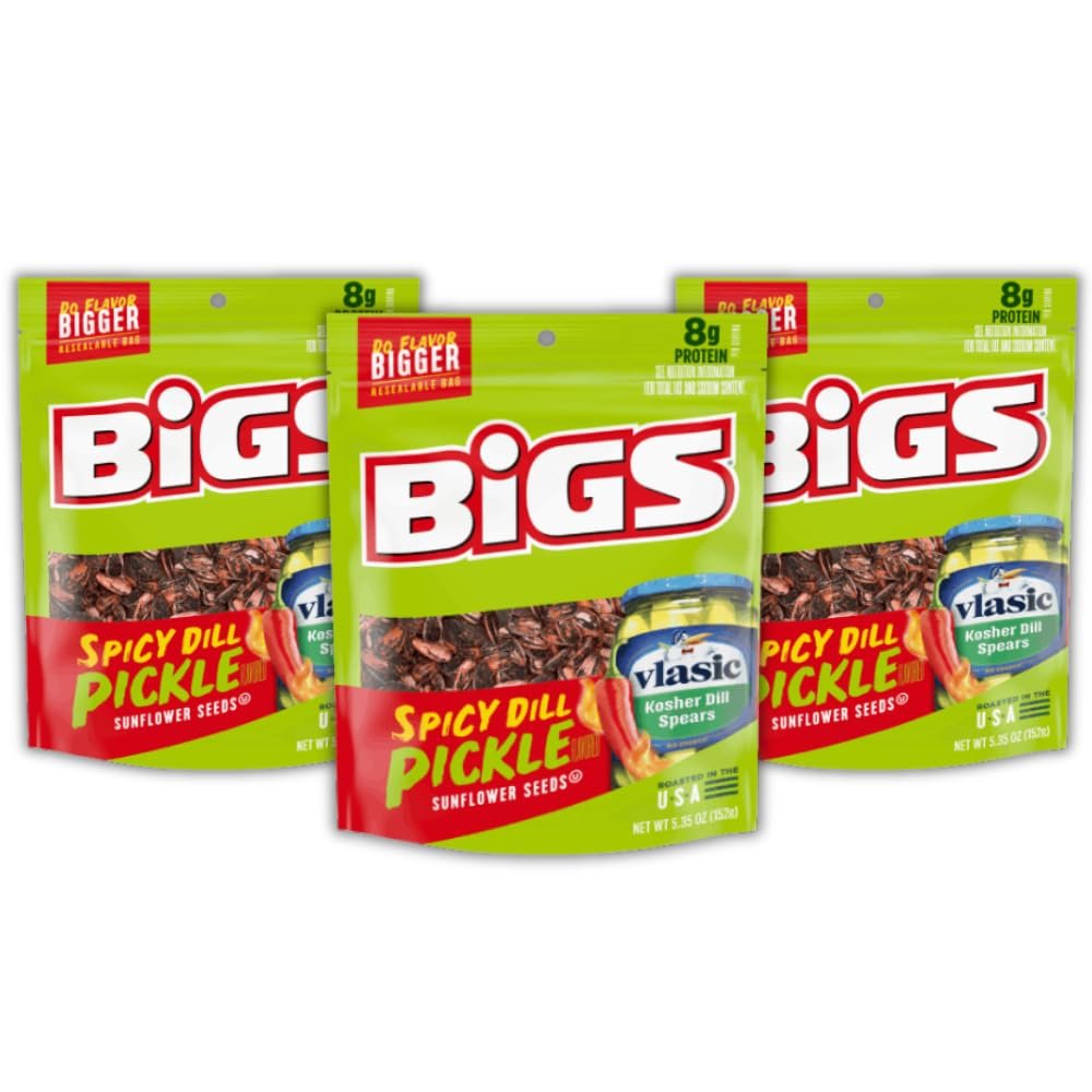 BIGS Vlasic Spicy Dill Pickle Flavored Sunflower Seeds (Pack of 3) 5.35 Oz - In Snack Mass Packaging