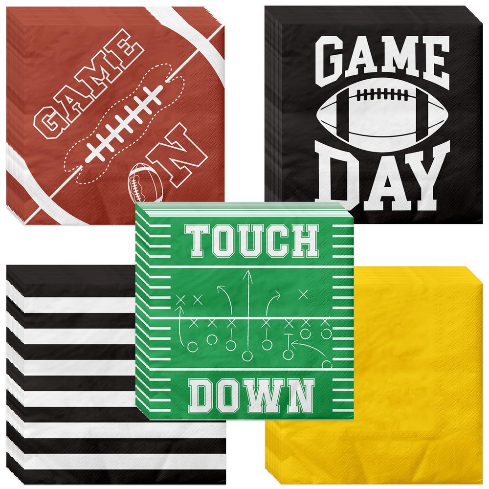 100pcs Football Napkins Disposable Football Paper Luncheon Napkins Set for Football Party Decorations Football Game Day Event Birthday Party Supplies, 5 Designs Football Napkins