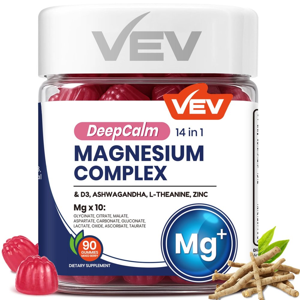 VEV Deep Calm Magnesium Complex14-in-1 Gummies  with Ashwagandha, L-Theanine, Vitamin D3 & Zinc  Magnesium Complex for Women and Men  No Added Sugar Vegan Magnesium Glycinate  90 Gummies