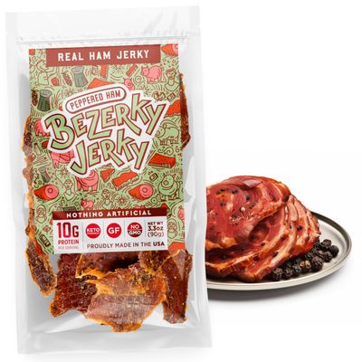 All Natural Real Ham Jerky | Peppered Ham | Small Batch Handcrafted | Old Fashioned | Low Fat High Protein | Gluten-Free | Non-GMO | Small Batch Handcrafted | Healthy Snack | Bezerky Jerky | Pack of 1