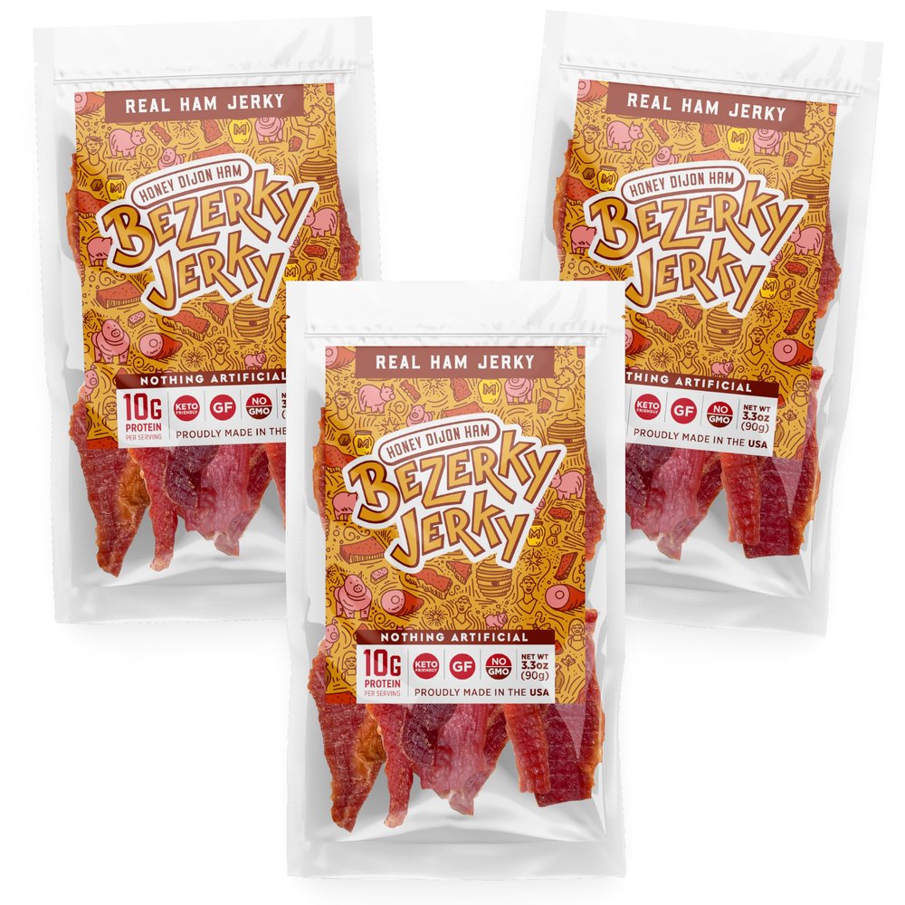 All Natural Real Ham Jerky | Honey Dijon | Small Batch Handcrafted | Old Fashioned | Low Fat High Protein Ham Meat | Gluten-Free | Non-GMO | No Nitrates | Healthy American Bezerky Jerky | 3 Packs