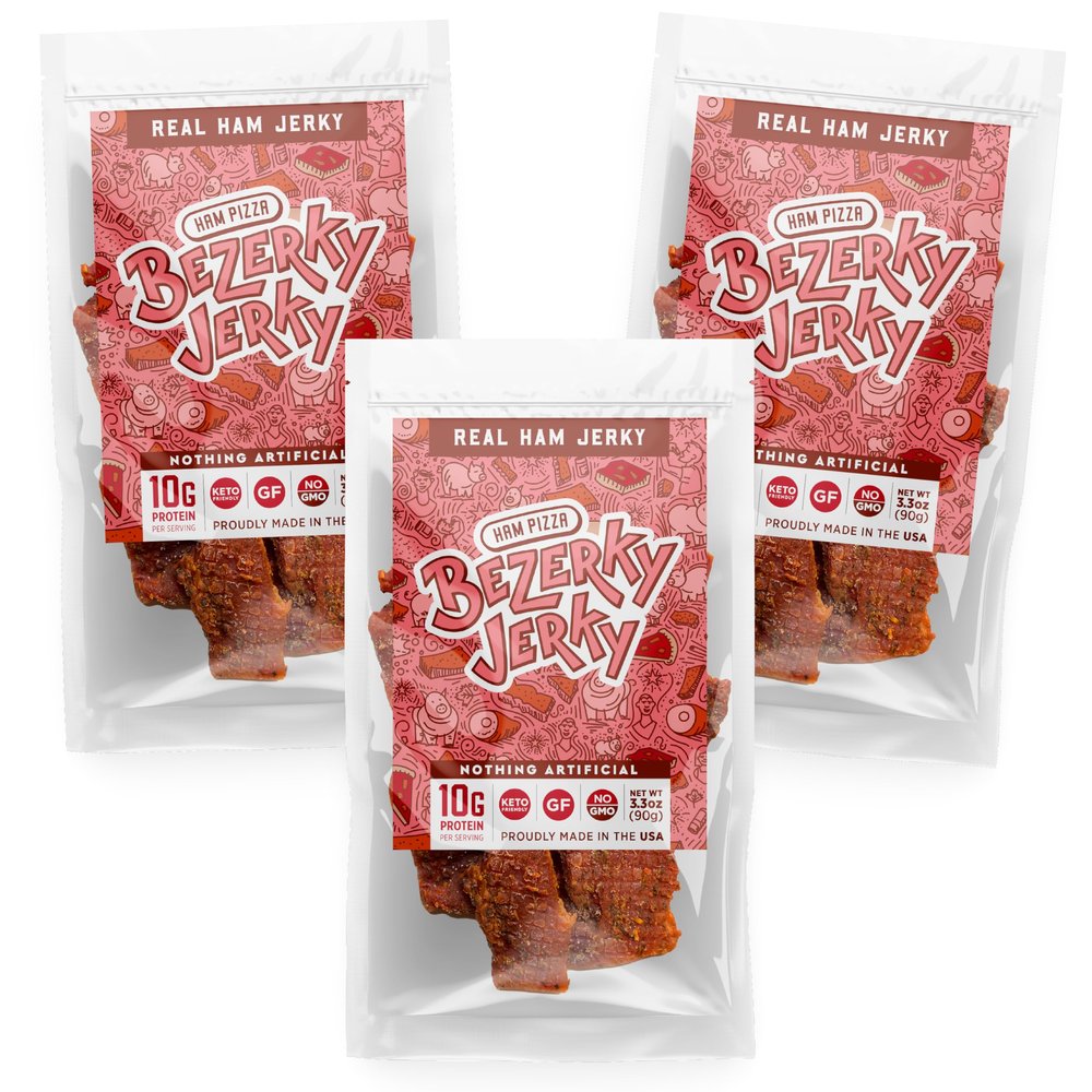 Premium Ham Jerky | Flavorful Pizza Ham | Camping Food | Backpacking Snacks | Low Fat High Protein Jerky | Gluten-Free | Non-GMO | Small Batch Handcrafted | Healthy Snacks | Bezerky Jerky | Pack of 3
