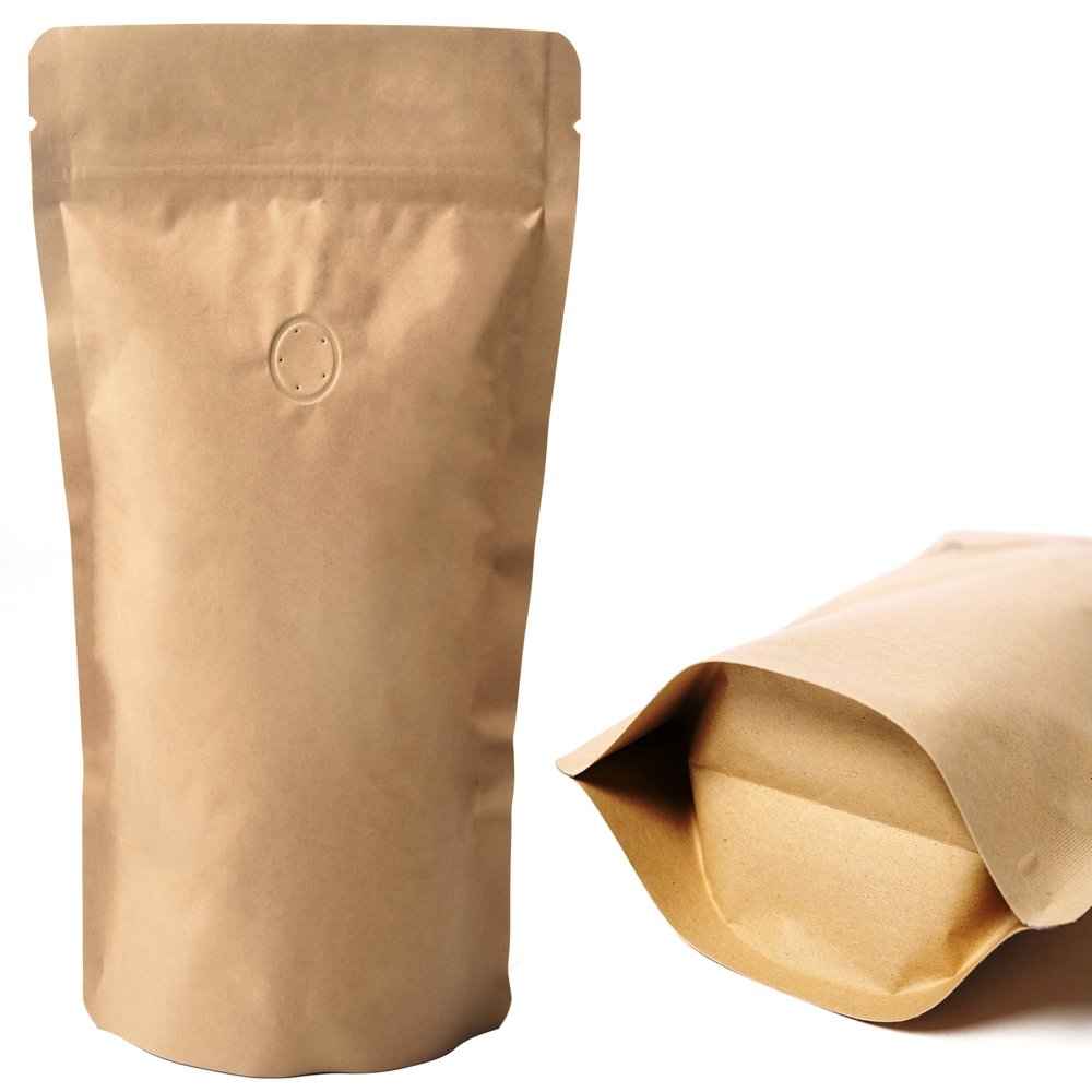 8 Ounce 50 Pieces Coffee Bags with Ziplock - High Barrier Natural Kraft Paper Stand up Coffee Pouches with Air Release/One Way Degassing Valve & Reusable Zipper (50, 8oz/0.5lb/250gm)
