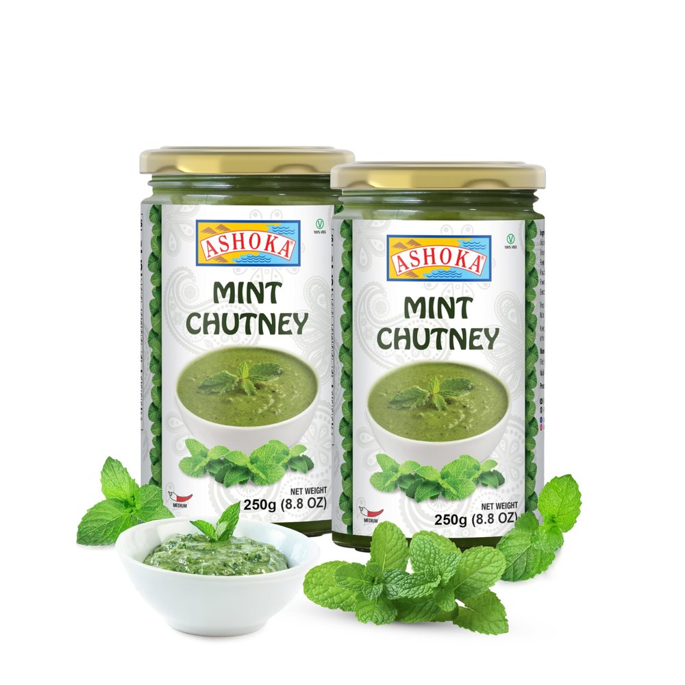 Ashoka Mint Chutney | Made with Mint Leaves & Lemon Juice | Vegan | Kosher Certified | Original Indian Cuisine Since 1932 | Gluten-Free | Great for BBQs, Wings, and Salads | Pack of 2