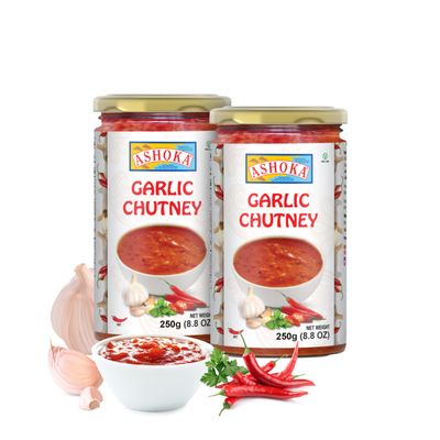 Ashoka Hot Garlic Chutney | Made with Garlic, Red Chilies & Lime | Vegan | Kosher | Original Indian Cuisine Since 1932 | Spicy Garlic Chutney | Great for BBQs, Wings, and Salads | Pack of 2
