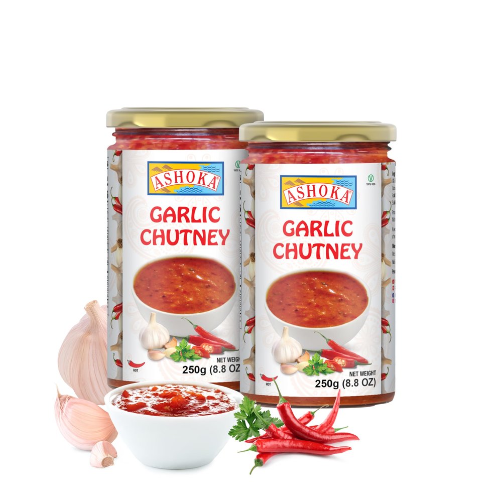 Ashoka Hot Garlic Chutney | Made with Garlic, Red Chilies & Lime | Vegan | Kosher | Original Indian Cuisine Since 1932 | Spicy Garlic Chutney | Great for BBQs, Wings, and Salads | Pack of 2