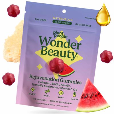 Plant People WonderBeauty Hair, Skin & Nails Rejuvenation Gummies with Tremella Mushroom, Marine Collagen Peptides, Keratin, & Biotin  Watermelon Flavor, 60 Gummies