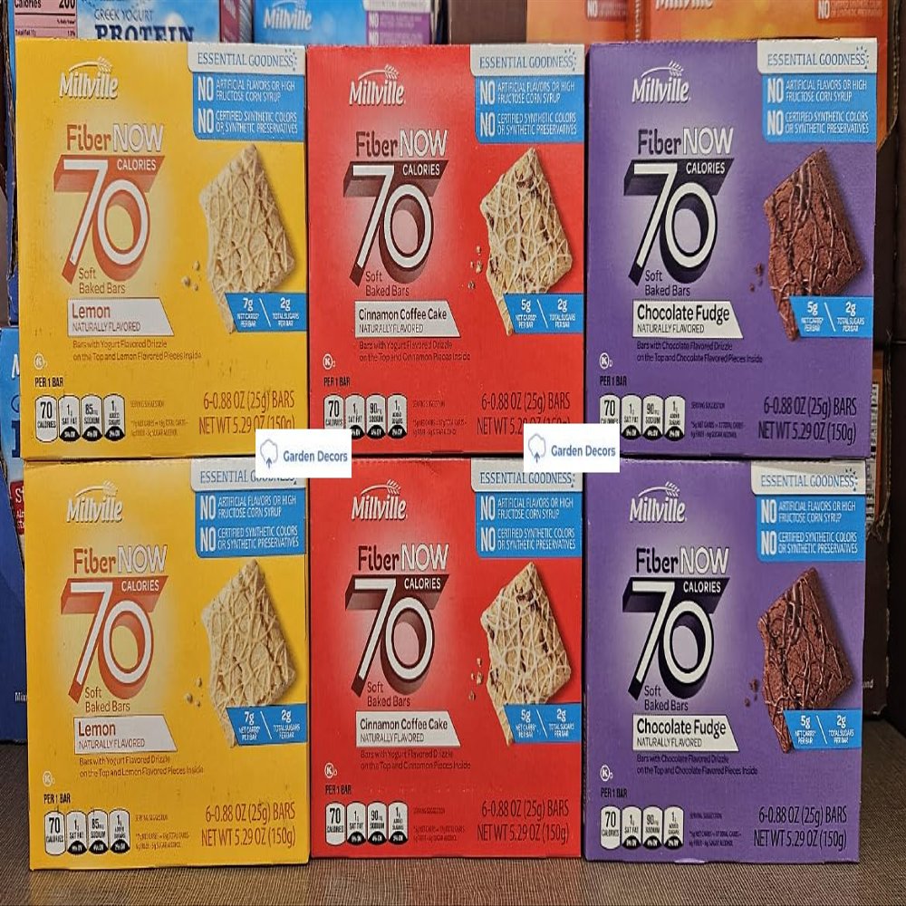 Fiber NOW Millville 70 Calories Soft Baked Bars Lemon, Chocolate Fudge, Cinnamon Coffee Cake 5.29oz 150g (Six Boxes)