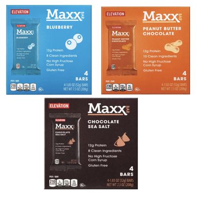  Elevation Maxx Bar Trio: Irresistible Blueberry Bliss, Decadent Chocolate Sea Salt, & Creamy Peanut Butter Chocolate!  7.3oz (208g) - Three Delicious Boxes!  12g Protein Per Bar & 14% of your DV for Fiber - only 5% of Americans get enough fiber