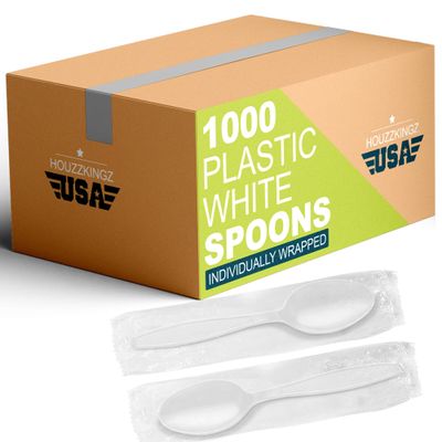 1000 Individually Wrapped Plastic Spoons | Bulk Individual Wrapped Disposable White Medium Weight Spoon | Packaged Plasticware Silverware Cutlery Utensils To Go Prepackaged For Take-Out Party Supplies