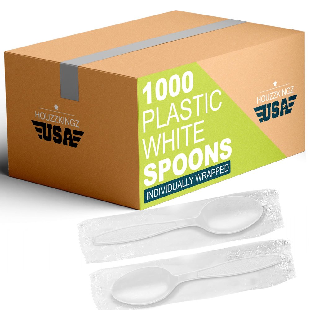 1000 Individually Wrapped Plastic Spoons | Bulk Individual Wrapped Disposable White Medium Weight Spoon | Packaged Plasticware Silverware Cutlery Utensils To Go Prepackaged For Take-Out Party Supplies