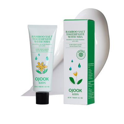 OJOOK Kids Fluoride Free Bamboo Salt Toothpaste with nHA - Pure Dew | Nano Hydroxyapatite, Remineralizing, Strengthening Enamel for First Teeth, Safe to Swallow (3oz)