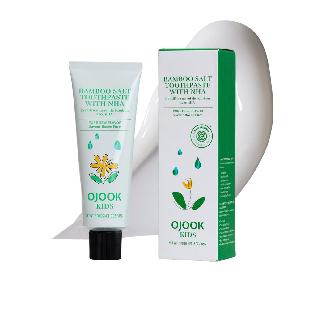 OJOOK Kids Fluoride Free Bamboo Salt Toothpaste with nHA - Pure Dew | Nano Hydroxyapatite, Remineralizing, Strengthening Enamel for First Teeth, Safe to Swallow (3oz)
