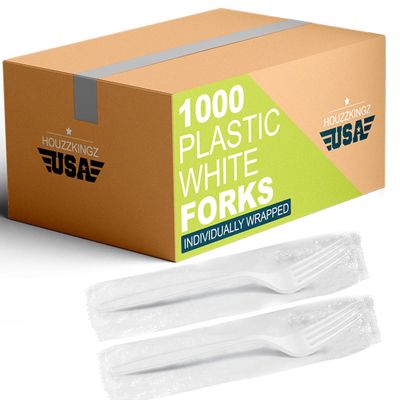 1000 Individually Wrapped Plastic Forks | Bulk Individual Wrapped Disposable White Medium Weight Fork | Packaged Plasticware Silverware Cutlery Utensils To Go Prepackaged For Take-Out Party Supplies