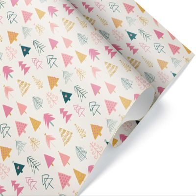 Giftini Folk Folklore Gift Wrap, Christmas Boho Wrapping Paper, For Chic Decor Lovers, Bohemian Theme Party Winter Holiday Present (Pink Trees, One 20 inch x 30 inch sheet)