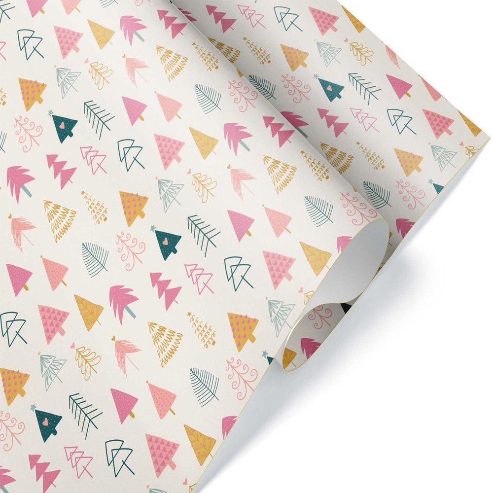 Giftini Folk Folklore Gift Wrap, Christmas Boho Wrapping Paper, For Chic Decor Lovers, Bohemian Theme Party Winter Holiday Present (Pink Trees, One 20 inch x 30 inch sheet)