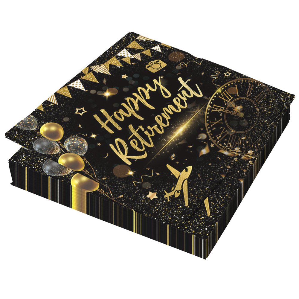 20 Pack Happy Retirement Napkins Black Gold Retirement Party Decorations Disposable Dinner Paper Napkins Farewell Cocktail Napkins for Women Men Retirement Party Supplies,6.5 * 6.5inch Folded