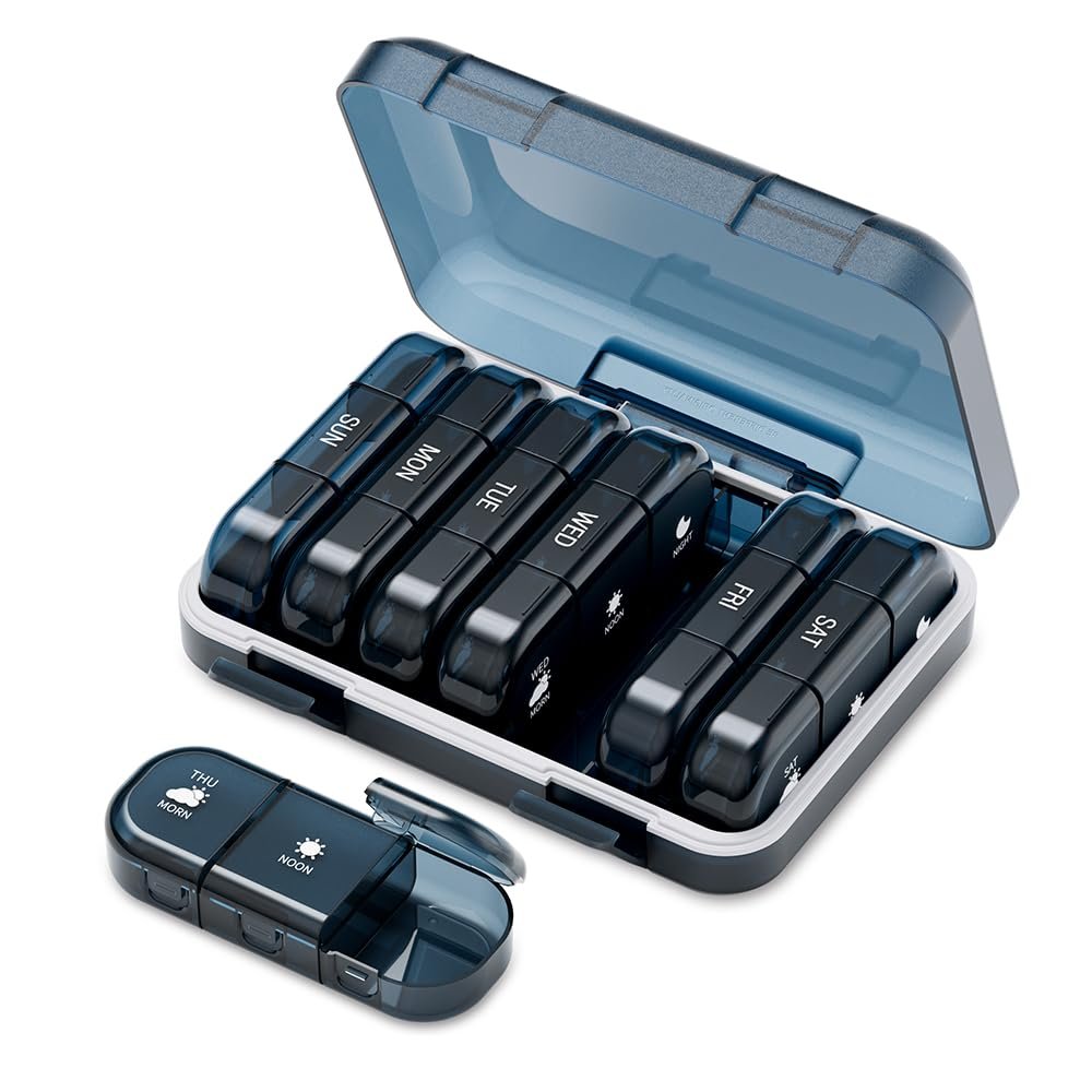 7 Day Weekly Pill Organizer - 3 Times a Day, Waterproof Travel Pill Box for Vitamins & Fish Oil