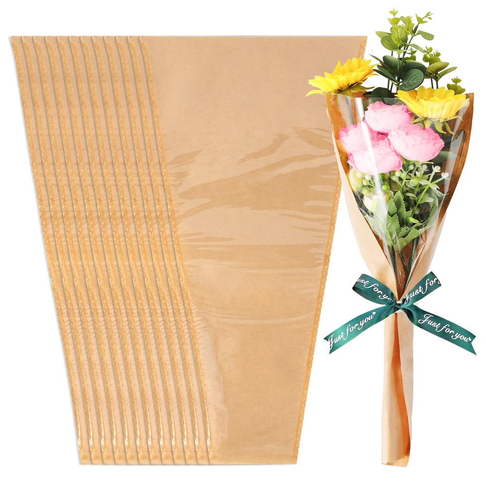 100pcs Flower Wrapping Paper Bouquet, Clear Flower Bouquet Wrapping Paper Flower Bags Kraft Bouquet Holder Flower Bar Supplies, Wrapping Sleeves for Thanksgiving Wedding Birthday Gift 9.4x3.5x17.7 Inch