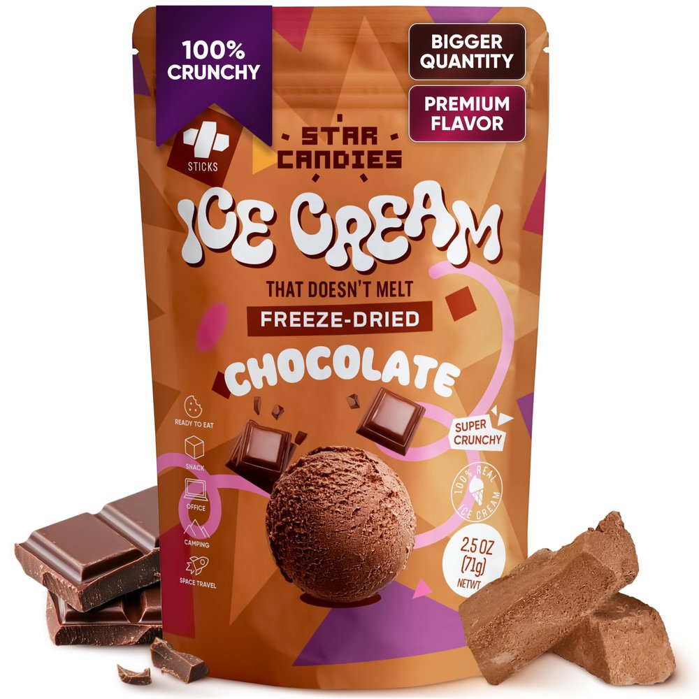 Star Candies Freeze Dried Ice Cream Chocolate (2.5 oz.) No Melting Freeze Dried Chocolate Ice Cream Candy | Crunchy & Delicious Camping Food | Premium Astronaut IceCream loved by Kids and Adults | Space and Astronaut Snack | Gift for Birthday or Part