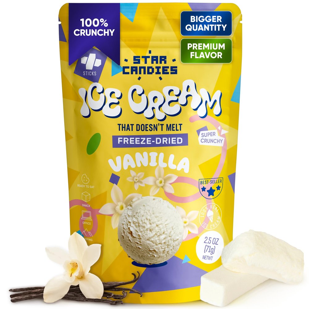 Star Candies Freeze Dried Ice Cream Vanilla (2.5 oz) | No Melting Freeze Dried Vanilla Ice Cream Candy | Crunchy & Delicious Camping Food | Premium Astronaut IceCream loved by Kids and Adults | Space and Astronaut Snack | Gift for Birthday or Party