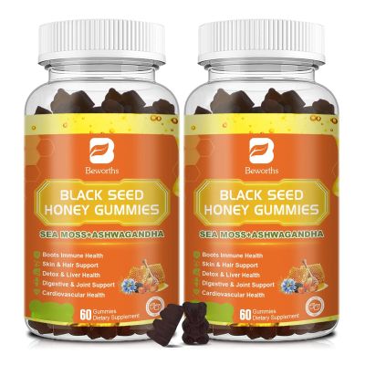 (2 Pack) Black Seed Oil Sea Moss Gummies with Ashwagandha, Burdock Root, Linden Honey, Elderberry, Turmeric, Vitamin C, D3 & Zinc - Supports Immunity, Joints, Digestion, Hair & Skin, Vegan Gummies 120