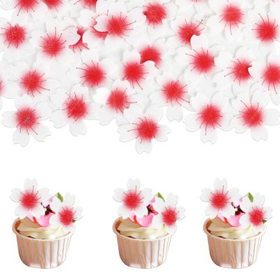 100 Pack Edible Cherry Blossom Flowers Cake Decorations - Cupcake Toppers, Wafer Paper Flowers for Birthday Party Food