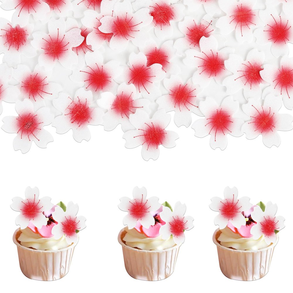 100 Pack Edible Cherry Blossom Flowers Cake Decorations - Cupcake Toppers, Wafer Paper Flowers for Birthday Party Food