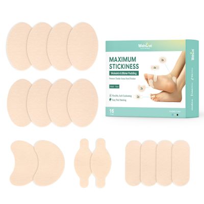 Welnove Moleskin Adhesive Pads for Feet,Blister Bandages for Feet, Mole Skin Patch for Heels, Skin Tape Stickers for Heels - 16 Sheets of 4 Shapes, Beige