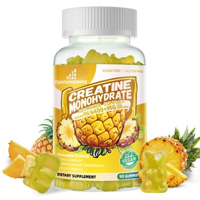 Creatine Monohydrate Gummies Complex for Men & Women -Advanced Formula W/L-Taurine + Vitamin B12, Sugar Free Chewable Supplement,90 Pineapple Gummies