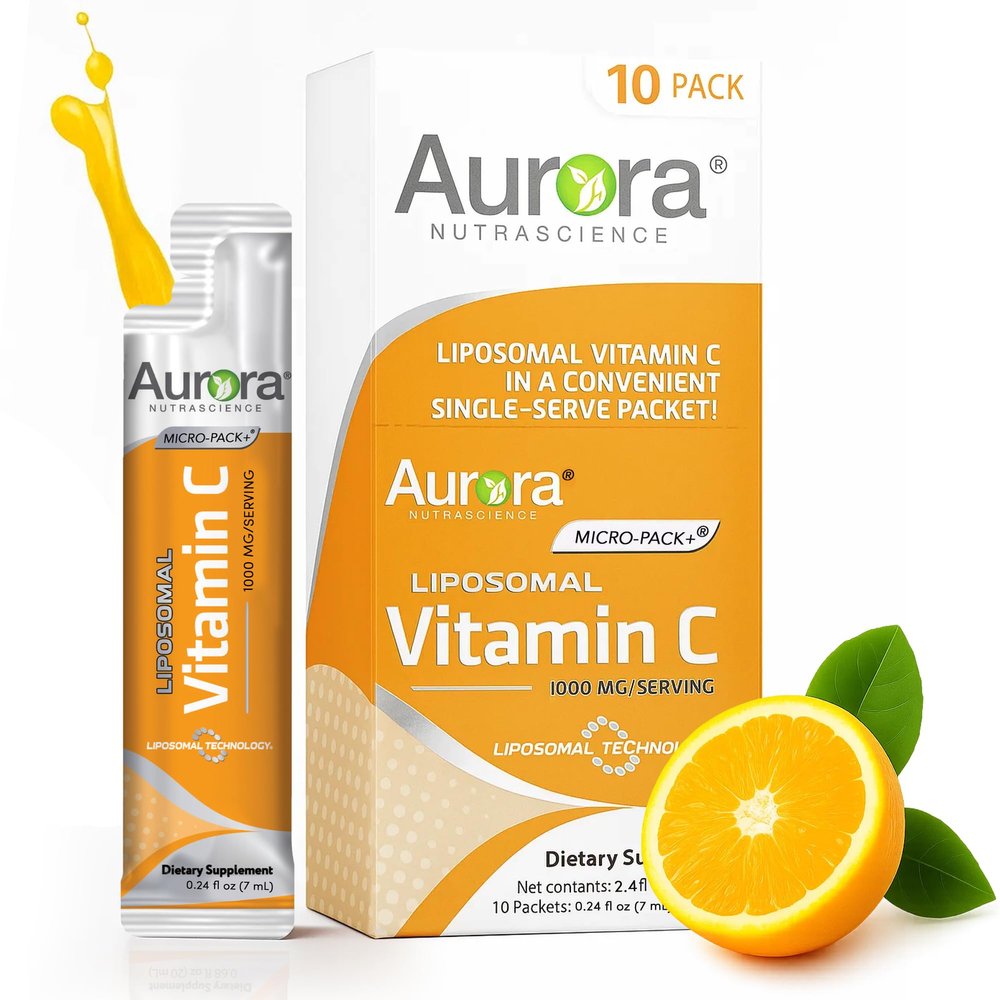 Aurora Nutrascience Liposomal Liquid Vitamin C - Healthy Immune Support Supplement for Adults, Sugar Free, 1000 mg per Serving, Vegan, Gluten Free, Non-GMO - 10 Single Serve Packets, Orange