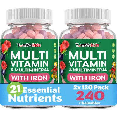 YUM-V'S Kids Multivitamin with Iron - Kids Chewable Multivitamin - Vitamins + Iron Supplement - Toddler Vitamins for 2 Year Old+, Kosher, Halal, Gluten Free 120 (Pack of 2