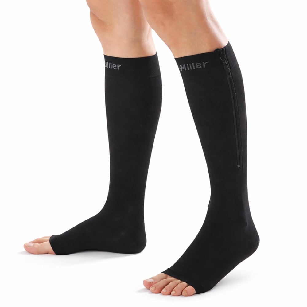 Doc Miller Compression Socks with Zipper Open Toe Knee High 15-20 mmHg Compression Stockings for Women & Men, Wide Calf, All-Day Circulation Support for Swelling, Travel, Work & Pregnancy - 1 Pair
