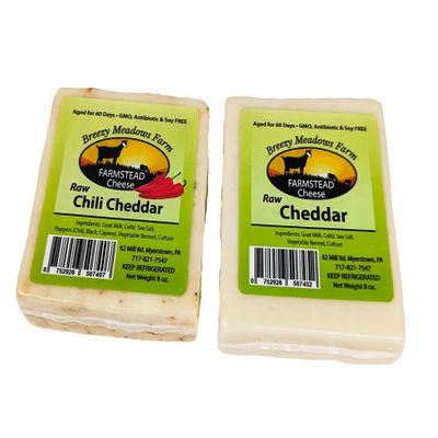 Breezy Meadows Raw Chili Cheddar (8 oz Block) and Raw Cheddar (8 oz Block)