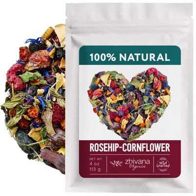 Loose Leaf Tea No Caffeine with Raspberry, Cornflower, Rosehip & Hibiscus (4oz.) Fruit Tea Summer Herbal Infusion with Wild Berries