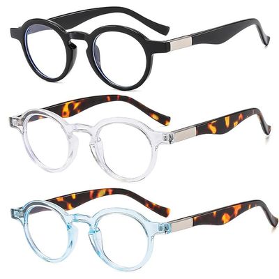 bullabulling 3 Pack Retro Round Reading Glasses Mini Small Comfortable Readers for Women Men Blue Light Blocking (black/clear/blue, 0, x)