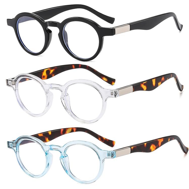 bullabulling 3 Pack Retro Round Reading Glasses Mini Small Comfortable Readers for Women Men Blue Light Blocking (black/clear/blue, 0, x)