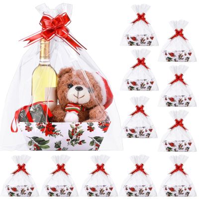 Nuogo 12 Pack Christmas Basket for Gifts Empty 9.8 x 6.5 Inch Bulk Gift Baskets Empty to Fill Cardboard Trays with Basket Bags, Pull Bows for Christmas Holiday Birthday Party Gifts (Floral Style)
